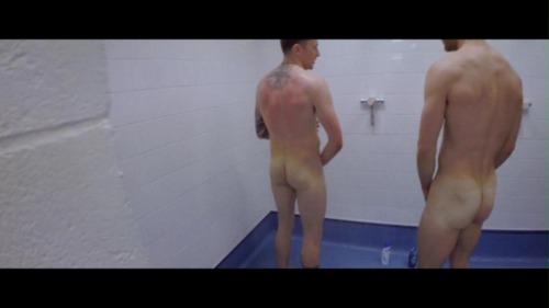 sporty guys shower butt naked