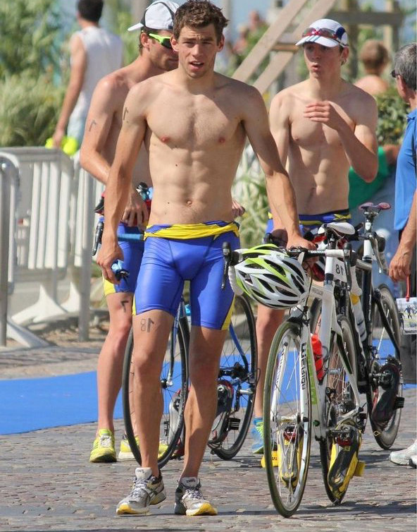 Sexy shirtless cyclist with a nice bulge