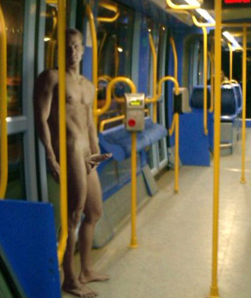 Dude with hardon in the subway. Naked and alone, very strange!