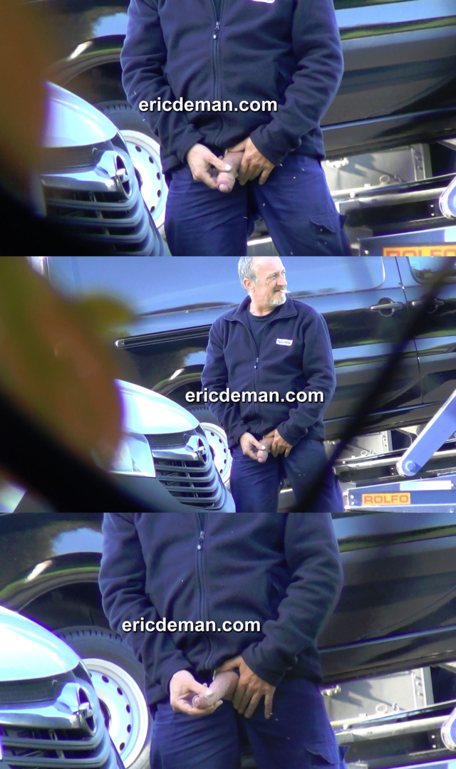 Horny trucker jerks his big dick