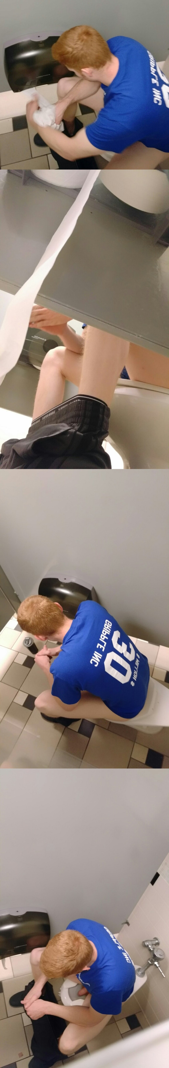 guy sitting public toilet bowl spycam