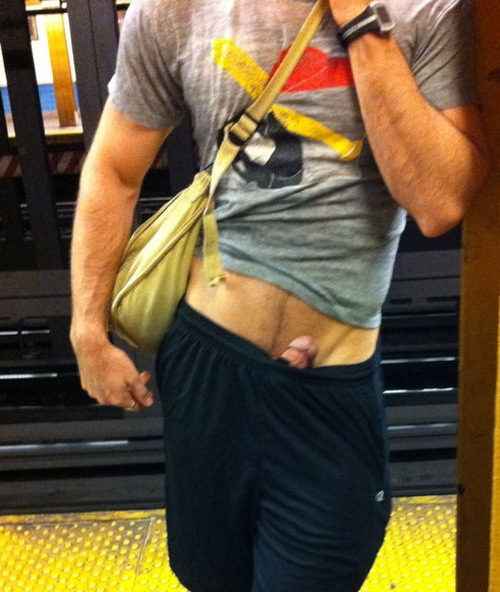 Guy flashing hard dick from his pants in the underground