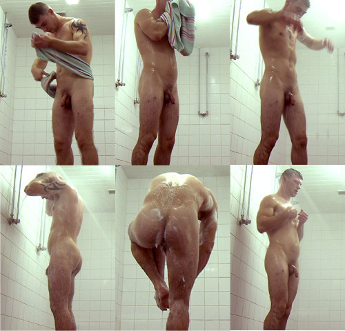 naked stud in open shower
