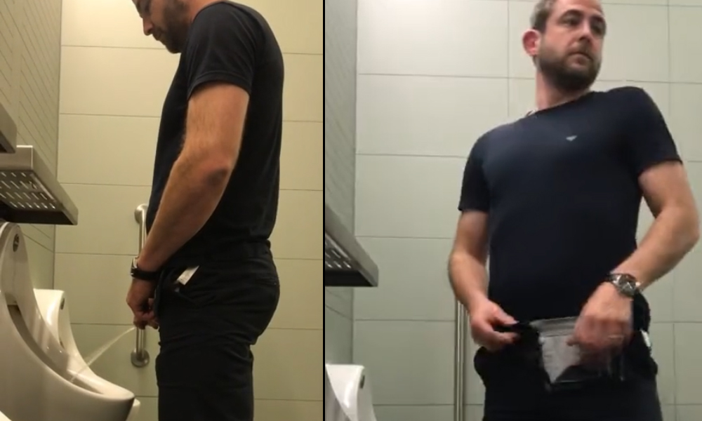 man caught peeing urinal