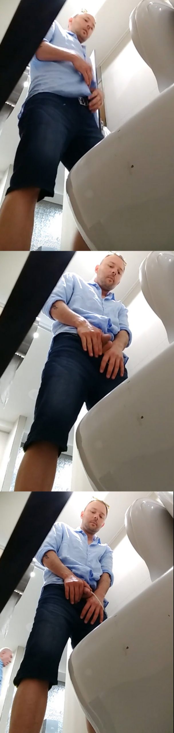 sexy guy in shirt caught peeing in public toilet
