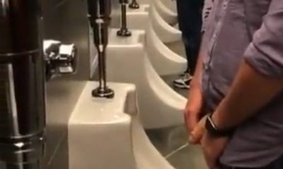 spying on big dicked guy peeing at urinal