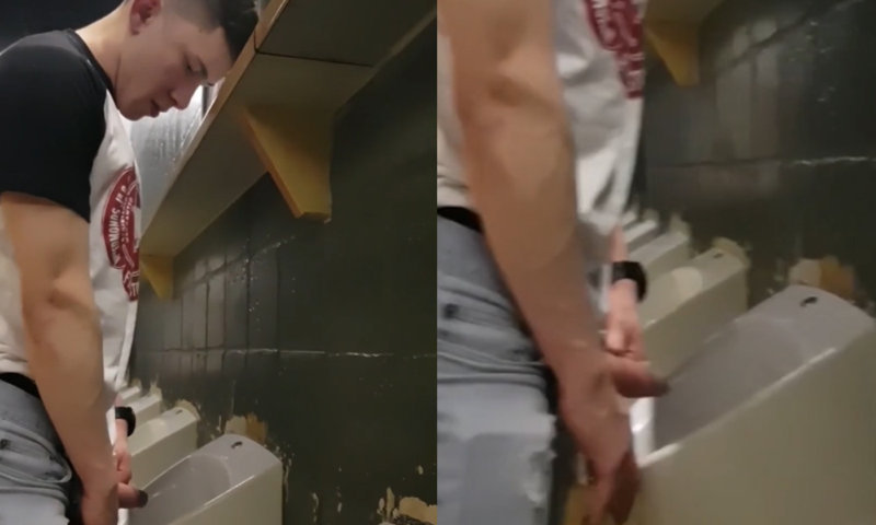 guy with boner peeing at urinal caught by spycam