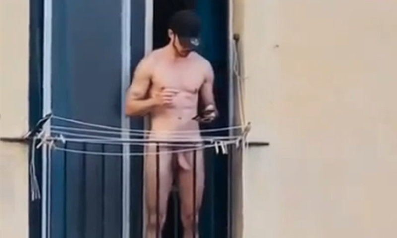 neighbour caught naked with boner on the balcony