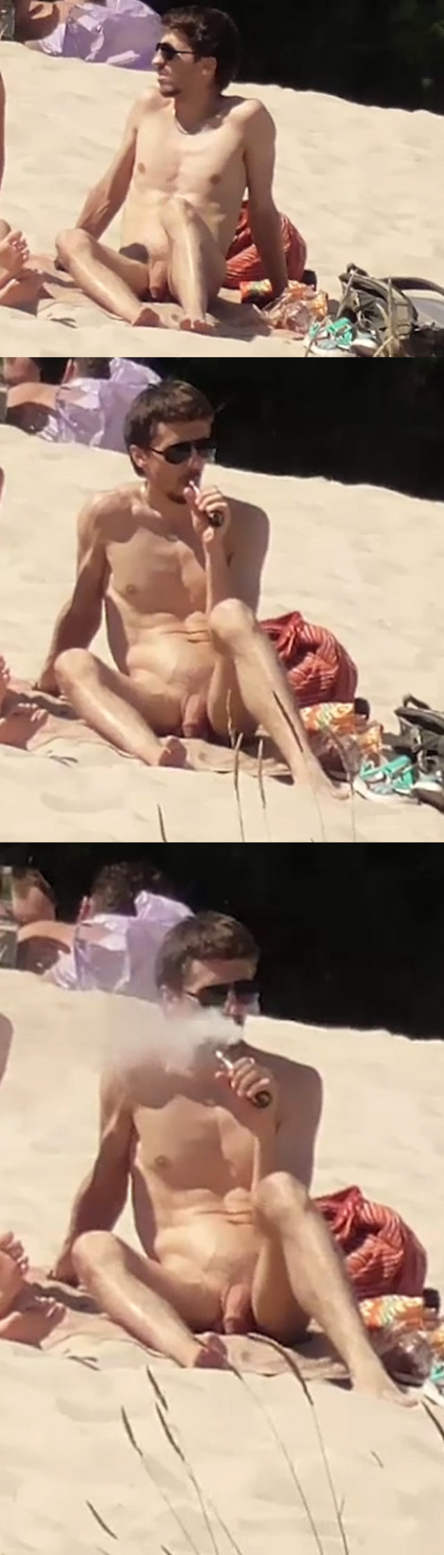 straight guy smoking naked at nudist beach