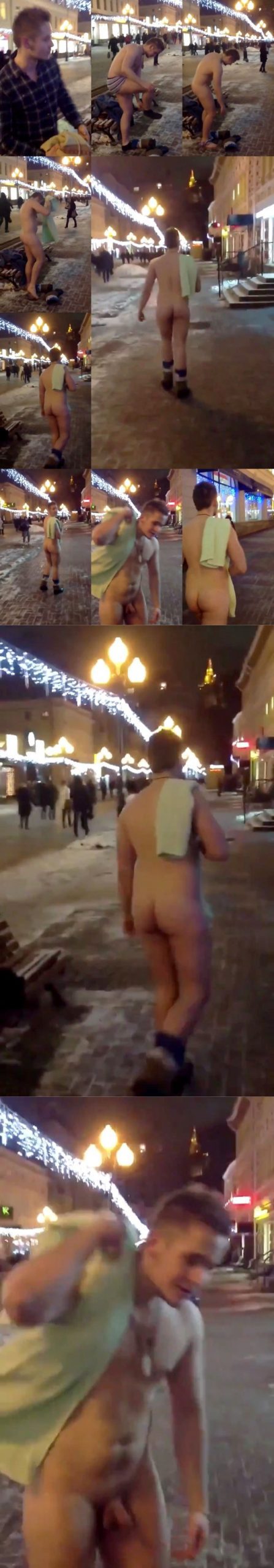 straight guy stripping naked on a snowy street in russia