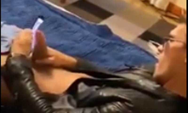 straight guy tapping mobile phone with hard cock