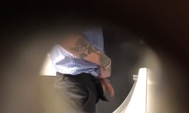 tattooed uncut guy caught peeing urinal