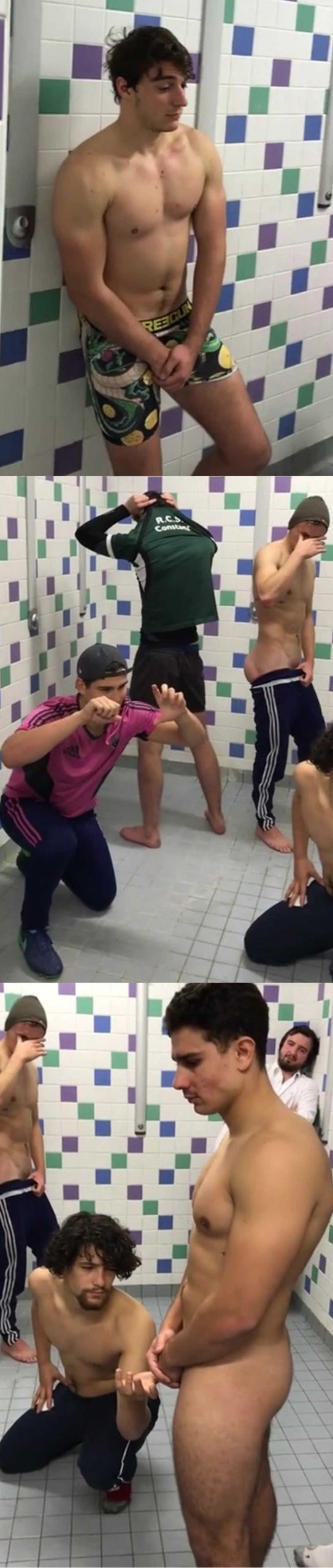 naked sportsmen in shower mannequin challenge