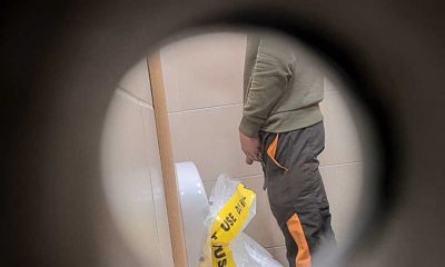 uncut daddy caught peeing at urinal