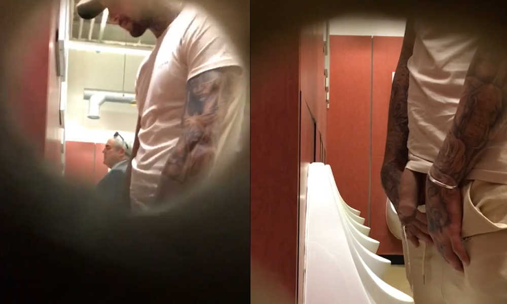 tattooed stud with big cock caught peeing urinal
