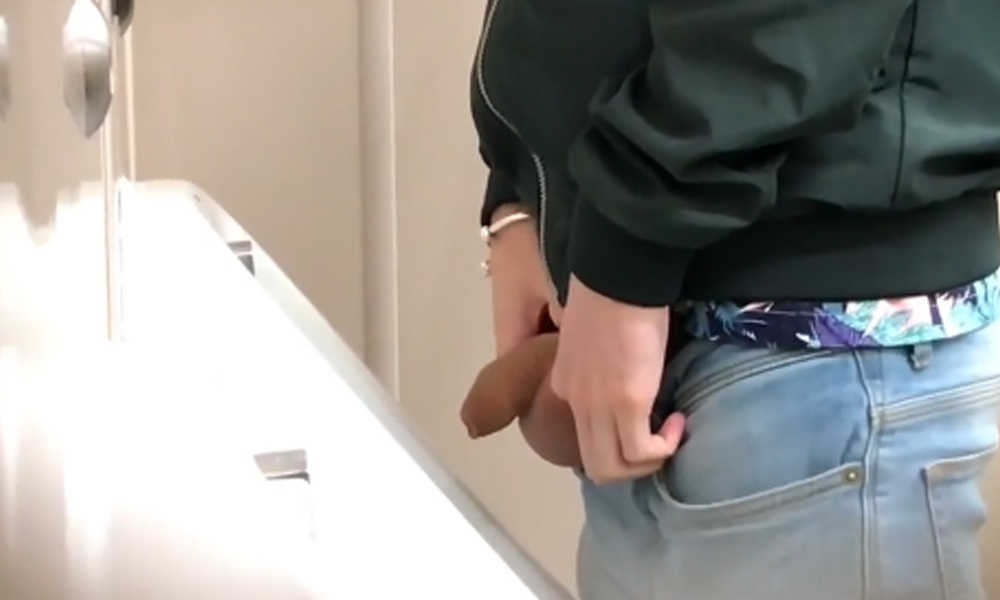 uncut dude caught peeing with balls out at urinal