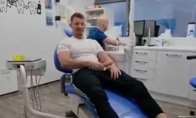 guy pulling out cock on dentist bed