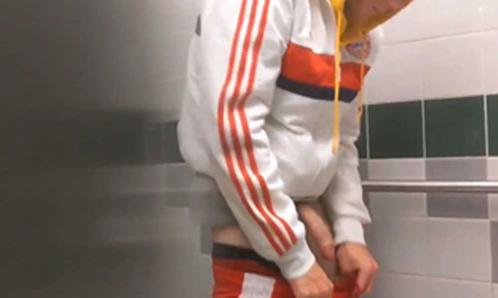 hung guy caught after peeing in restroom
