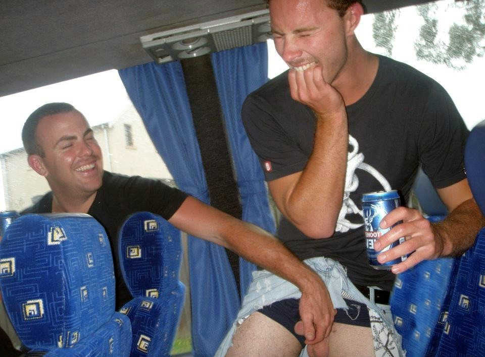 rugby guy touching mate cock on the bus
