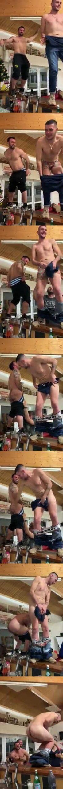two rugby guys pantsed by mate in clubhouse