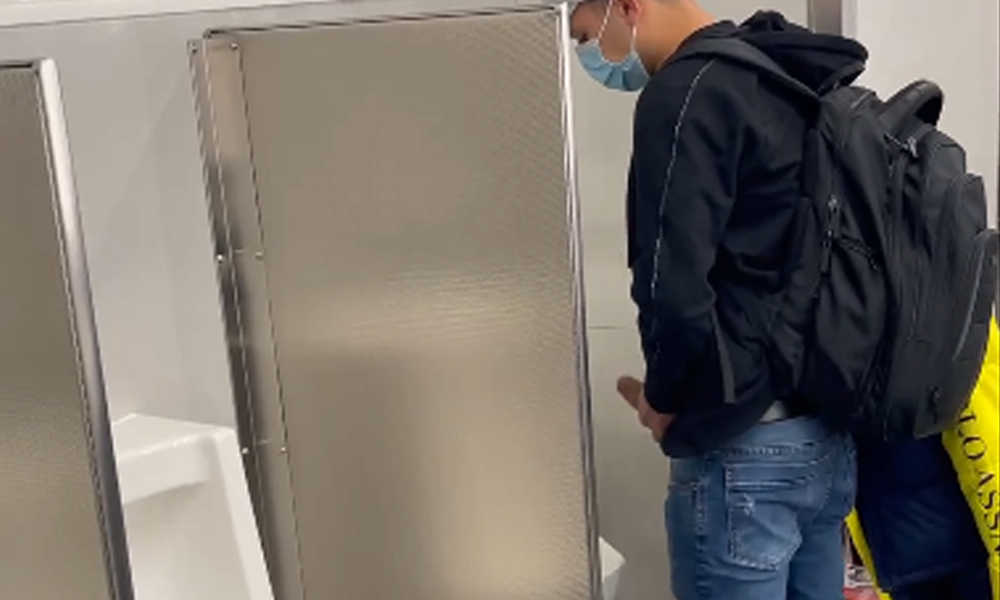 guy caught shaking his huge cock at urinal