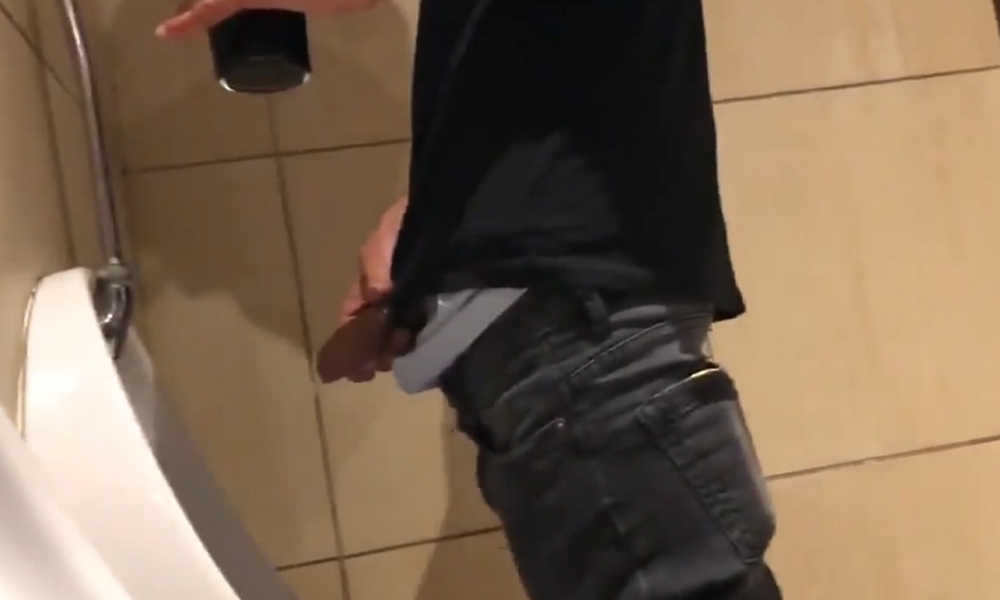 guy with thick uncut dick caught peeing at urinal