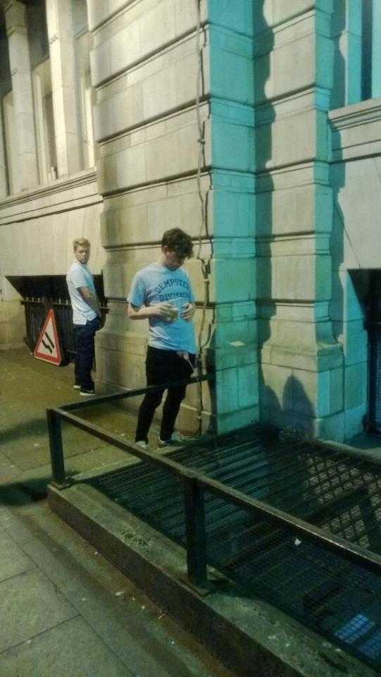 drunk guys caught peeing in public