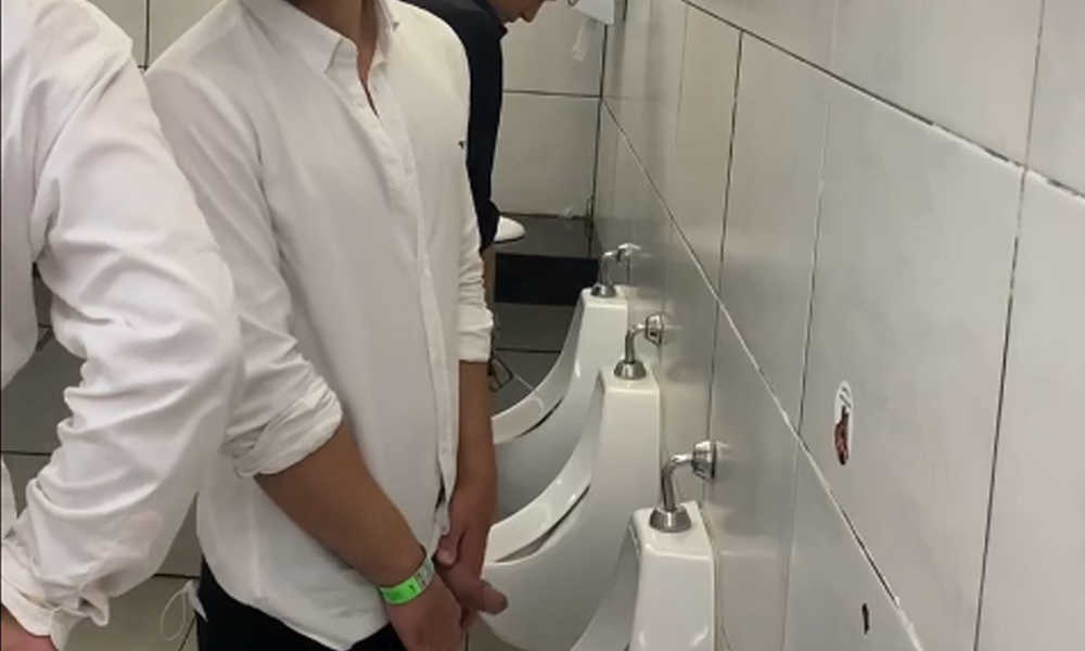 hung arab guy caught peeing at urinal