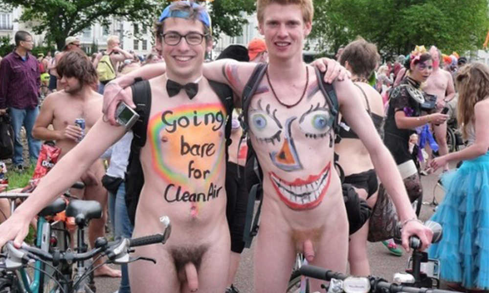 two naked guys with hairy cocks at wnbr naked in public