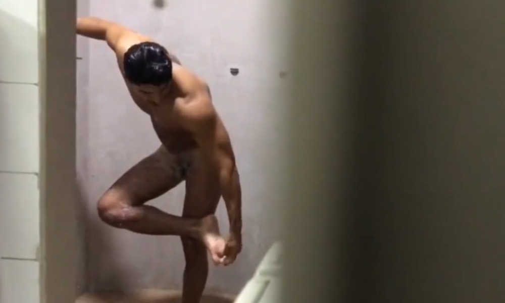 spy on big stud caught showering by hidden cam
