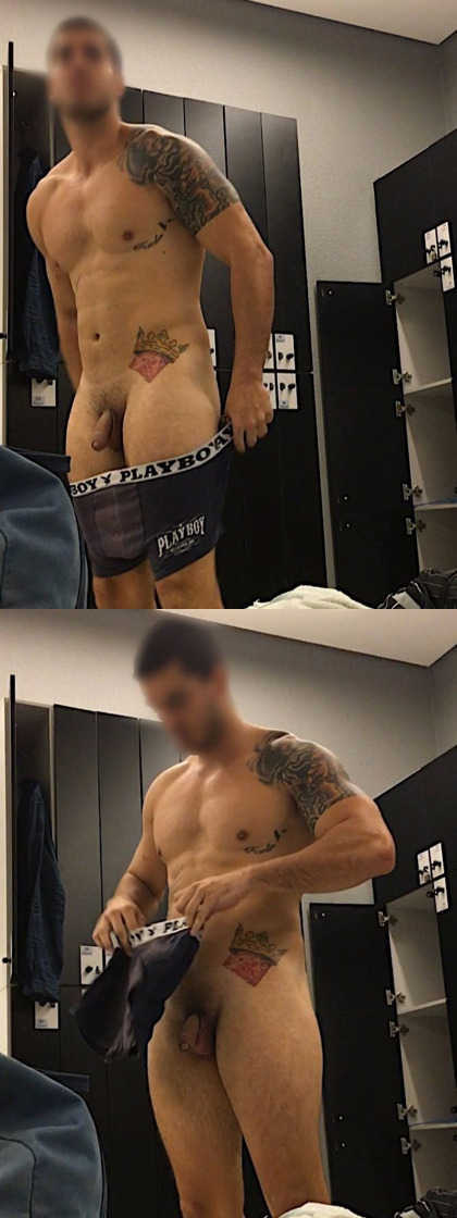muscled tattooed stud naked in gym locker room