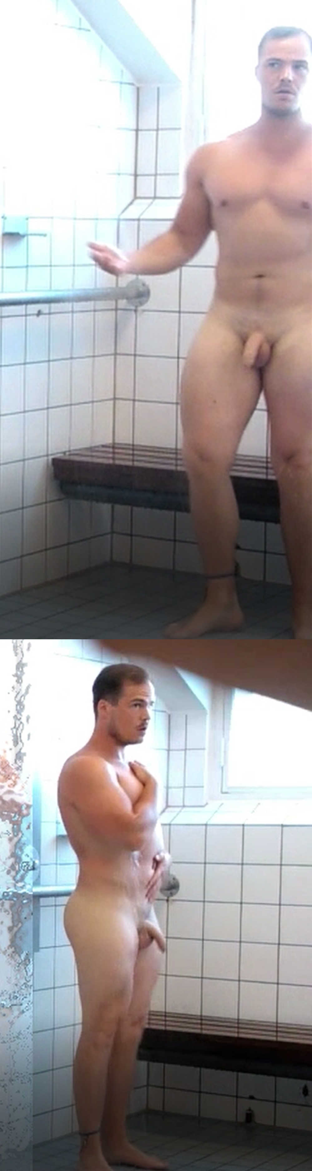 sexy muscled stud caught naked by spycam in communal shower