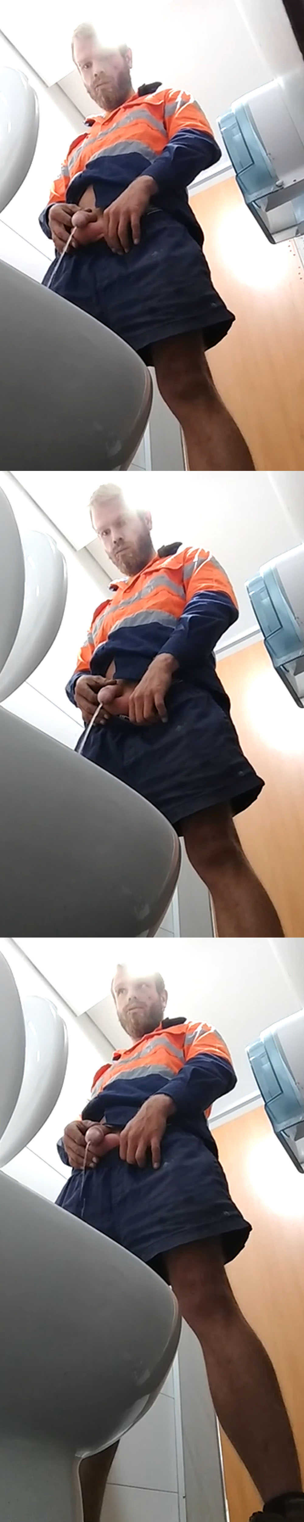 worker with big cock caught peeing in public toilet by hidden camera