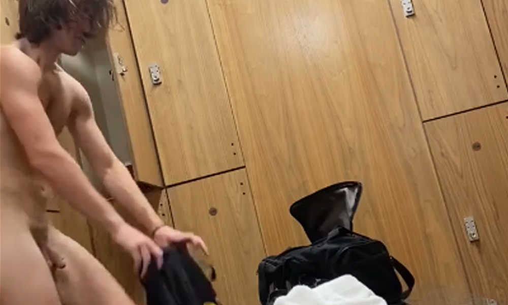 long haired guy caught naked in gym locker room by spycam