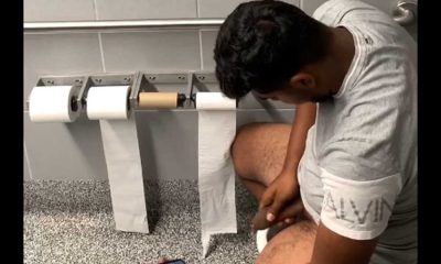 uncut guy caught wanking and cumming in restroom