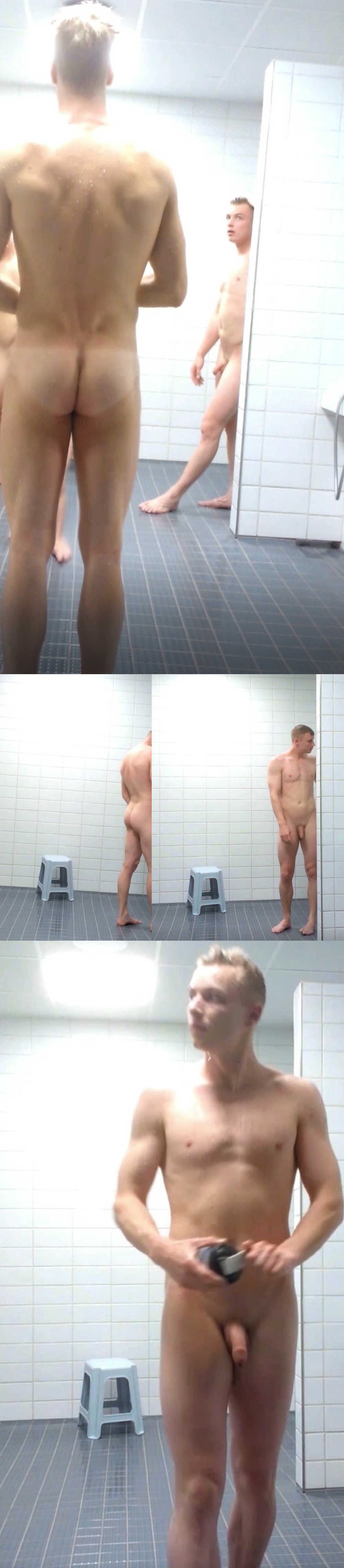 blond uncut guy caught naked by spycam in gym communal shower