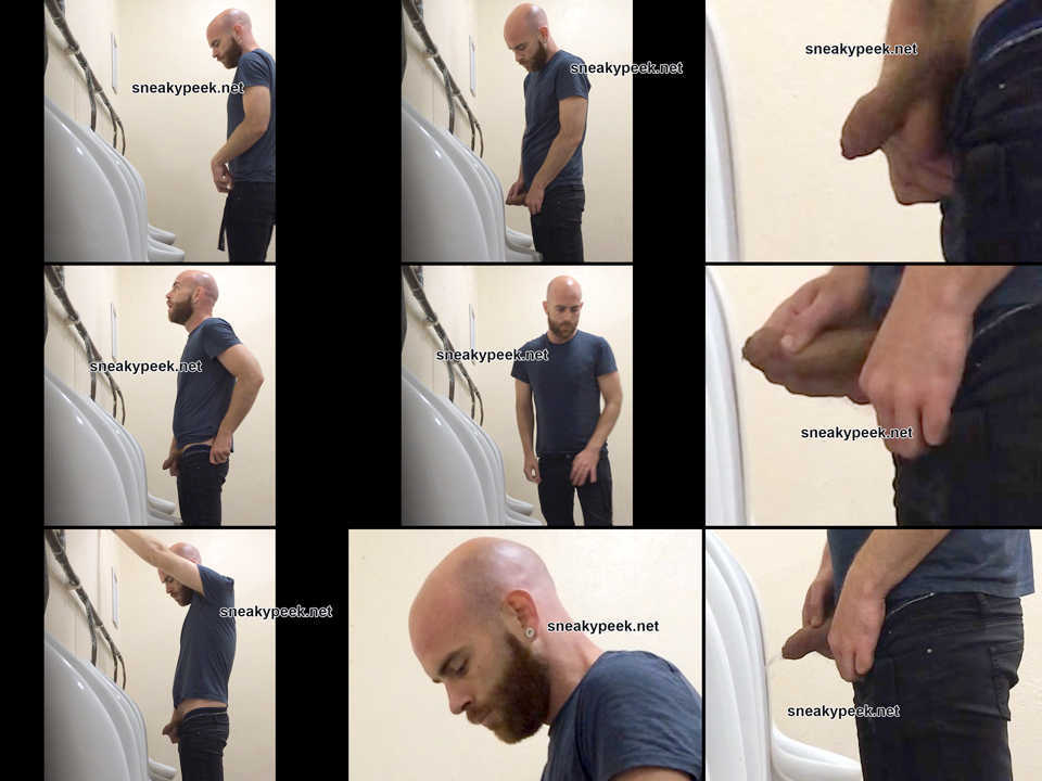 bald bearded man caught peeing at urinals by spycam