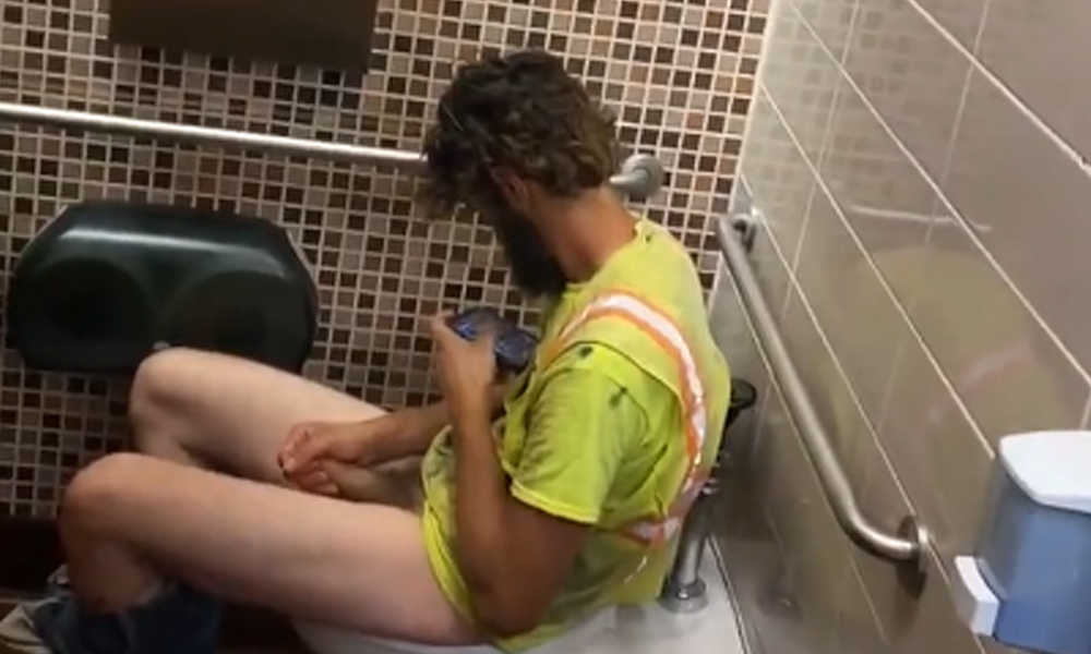 Bearded man caught wanking in public toilet on Cock4Cock