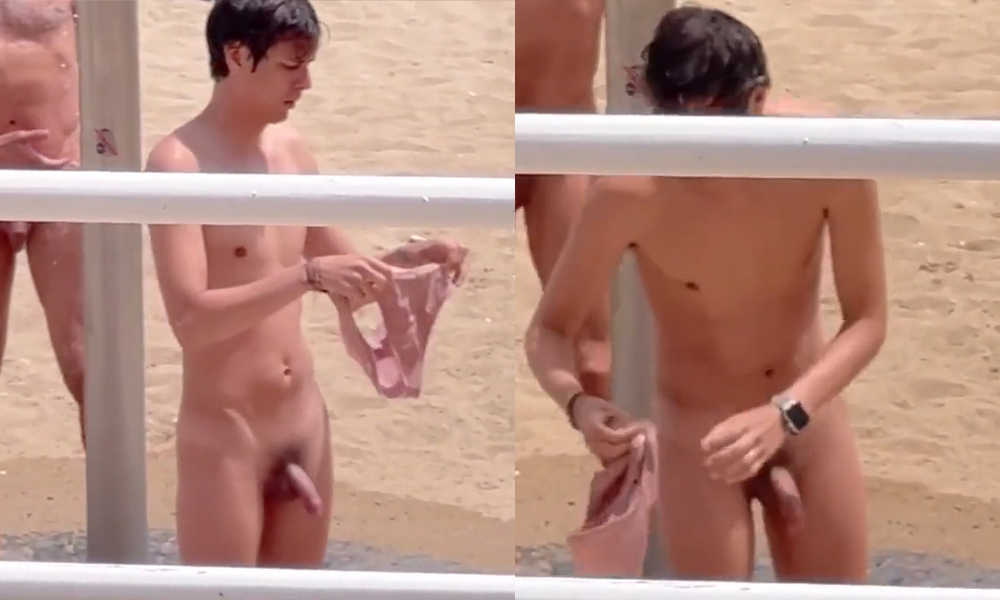 hung lad caught showering naked at nudist beach