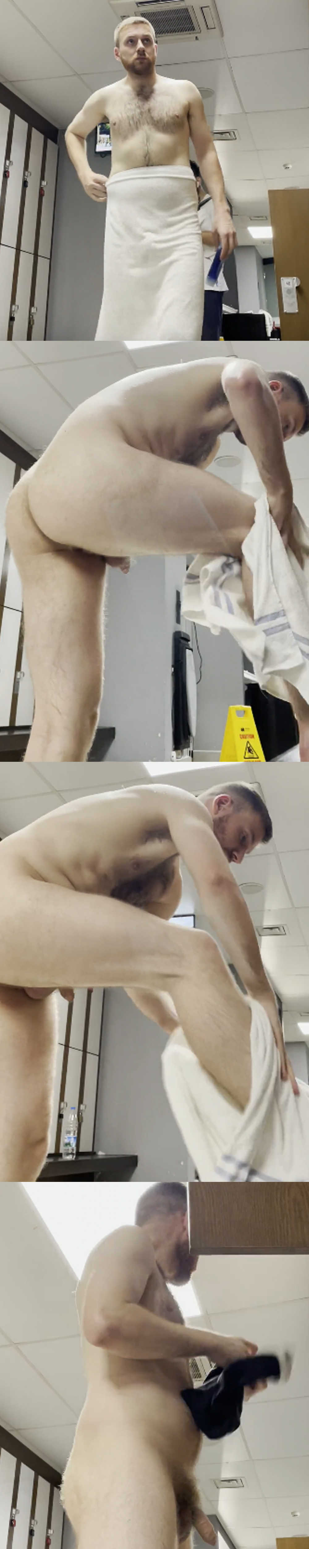 man with hairy uncut dick caught drying off in gym locker room