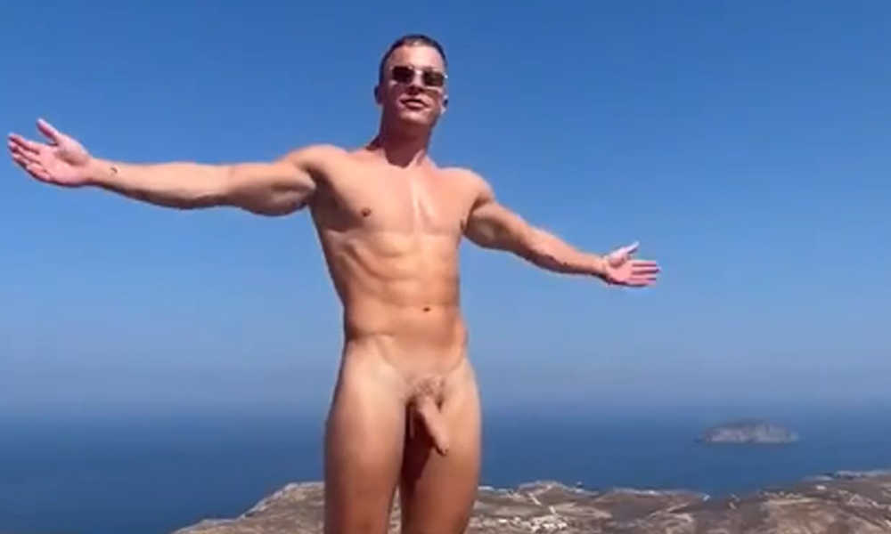 straight guy flashing his big cock on the balcony of hotel in Greece
