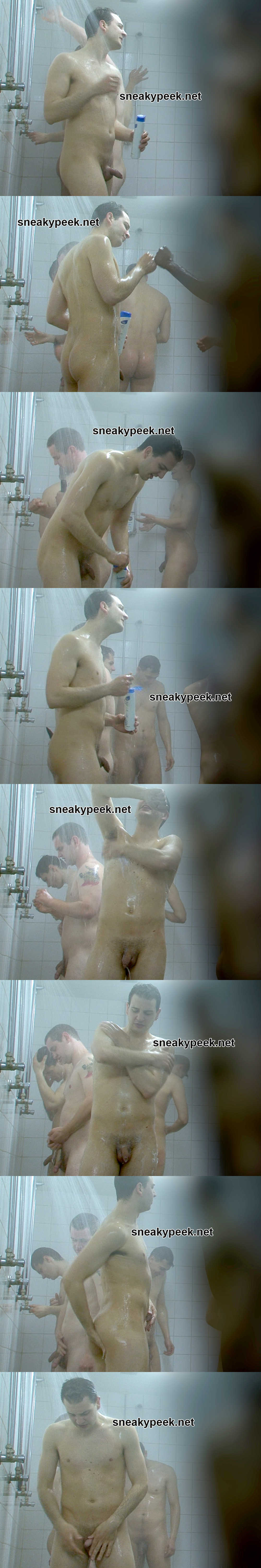 straight guys showering all together in a steamy communal shower room