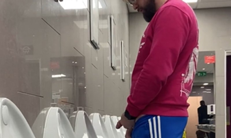 bearded guy with big dick spied while peeing at urinal