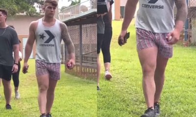 hot guy with huge bulge walking in the park