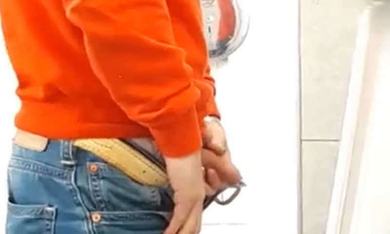 hung daddy caught pissing at the urinals