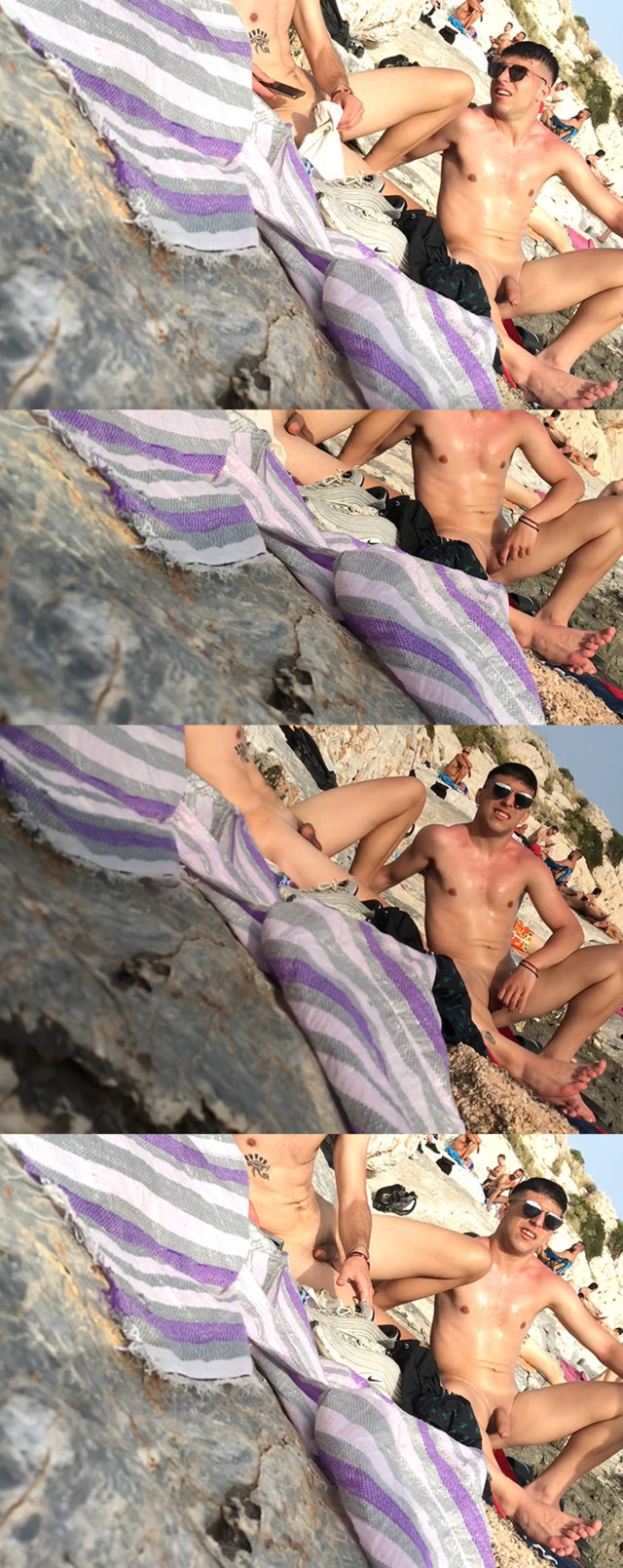 uncut guy gets a boner at the nudist beach