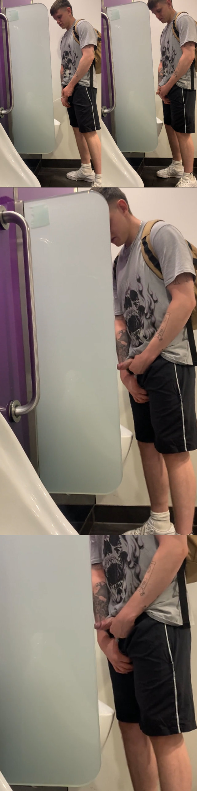 guy peeing at urinals and showing off his thick juicy uncut dick