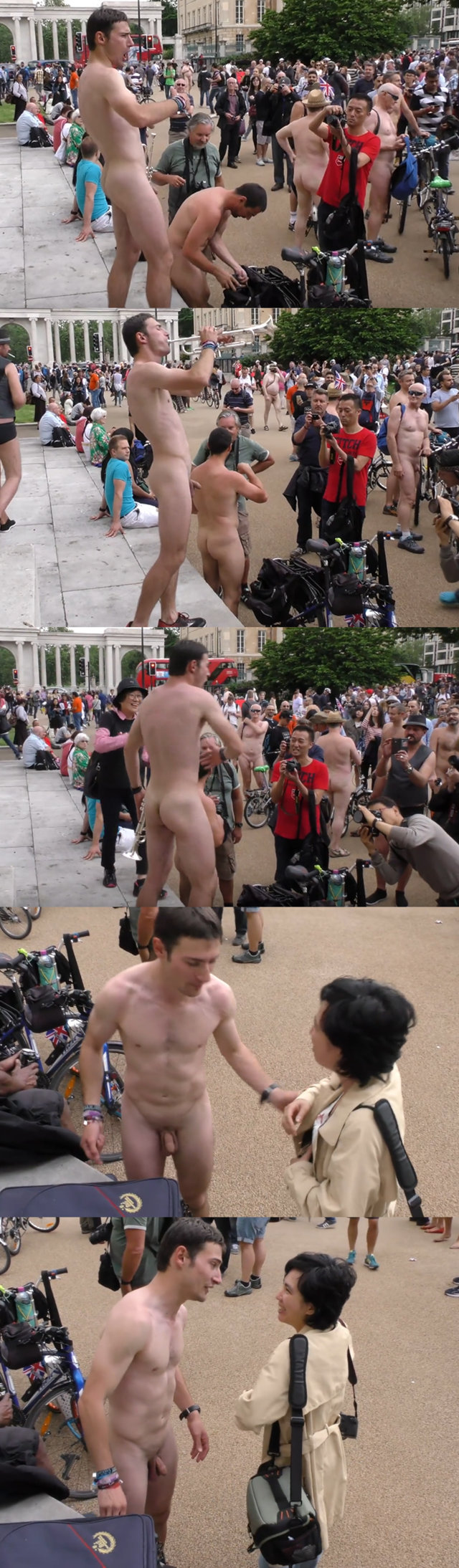 uncut guy playing trumpet naked during London WNBR