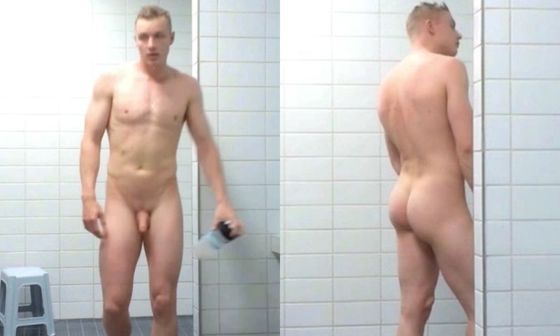 Handsome blond stud caught naked in the gym shower