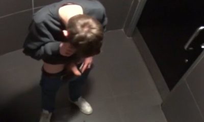 guy caught playing with his fat dick in public restroom